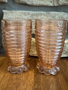 2 Vintage Pink Depression Glass Ribbed Tumblers 5” Bubble Footed Juice Glasses